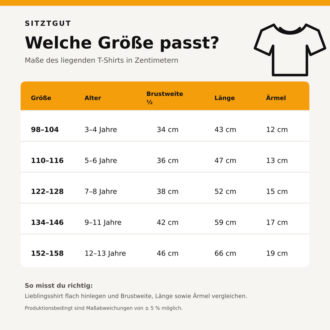 Größentabelle für das Sitztgut Kinder T-Shirt von 98 bis 158