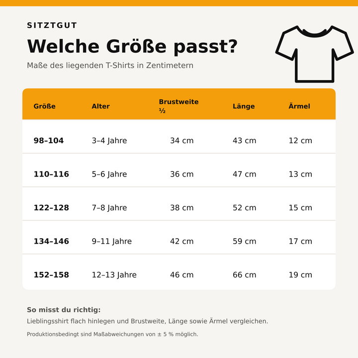 Größentabelle für das Sitztgut Kinder T-Shirt von 98 bis 158