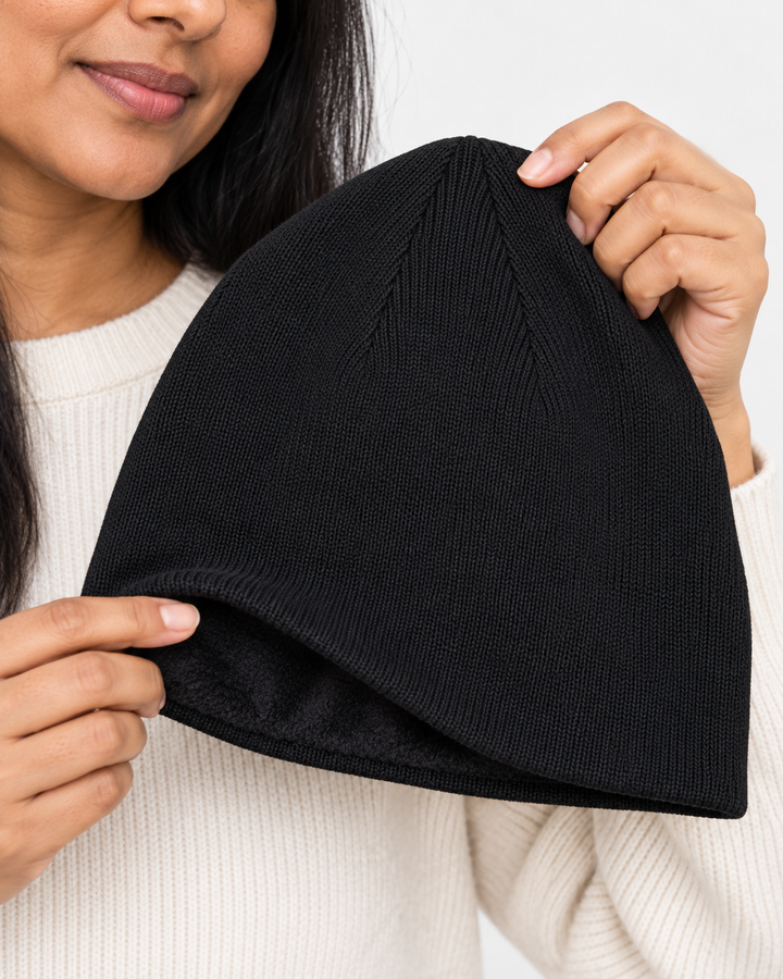 Sitztgut Unisex-Beanie aus Baumwolle mit Fleecefutter – Schwarz – Materialdetail