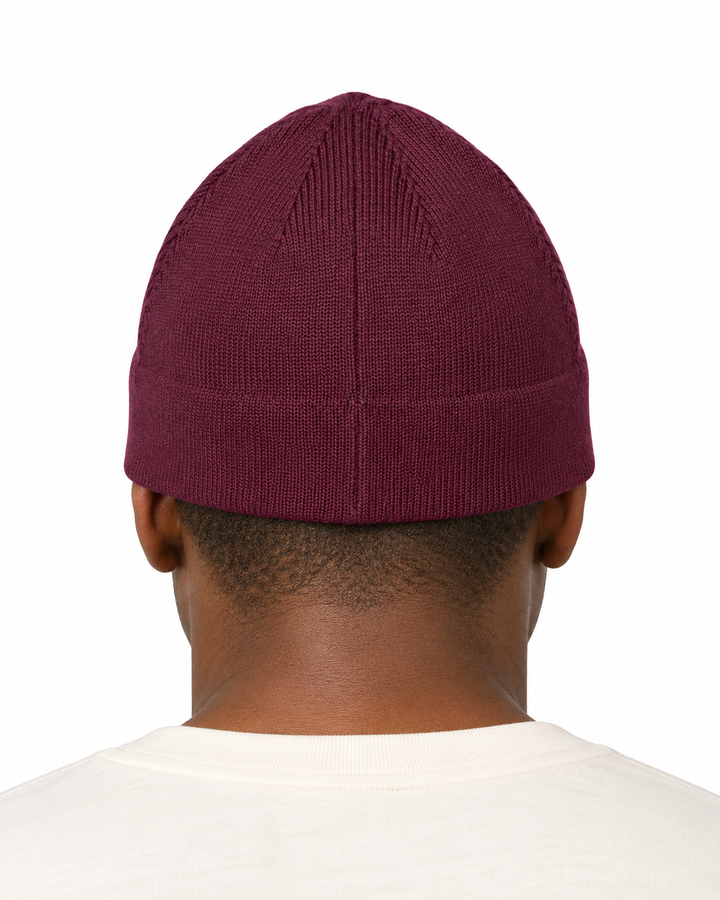 Sitztgut Unisex-Beanie aus Baumwolle mit Fleecefutter – Pflaume – Rückenansicht