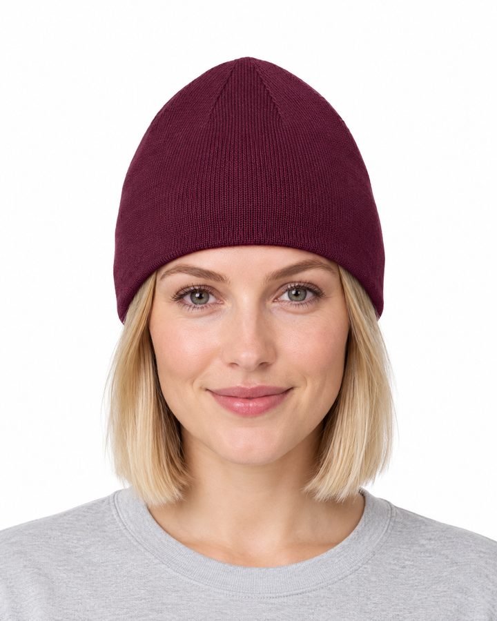 Sitztgut Unisex-Beanie aus Baumwolle mit Fleecefutter – Pflaume – Vorderansicht