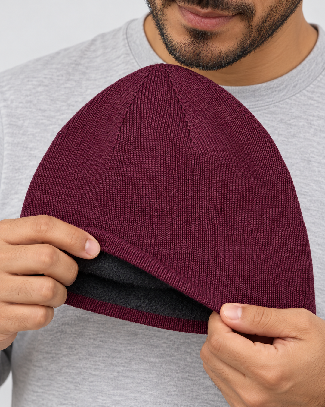 Sitztgut Unisex-Beanie aus Baumwolle mit Fleecefutter – Pflaume – Materialdetail