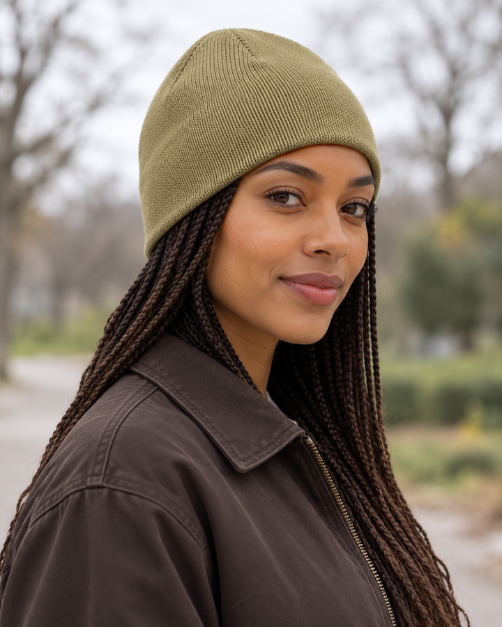 Sitztgut Unisex-Beanie aus Baumwolle mit Fleecefutter – Oliv – Alltagsansicht