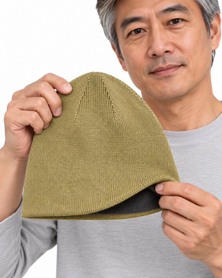 Sitztgut Unisex-Beanie aus Baumwolle mit Fleecefutter – Oliv – Materialdetail