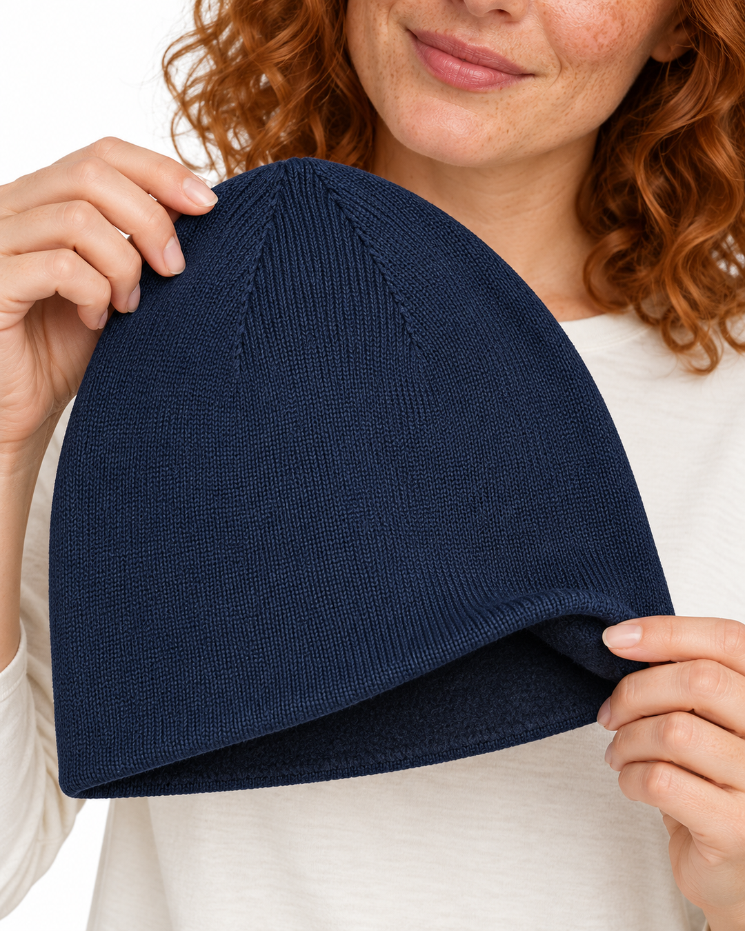 Sitztgut Unisex-Beanie aus Baumwolle mit Fleecefutter – Marineblau – Materialdetail