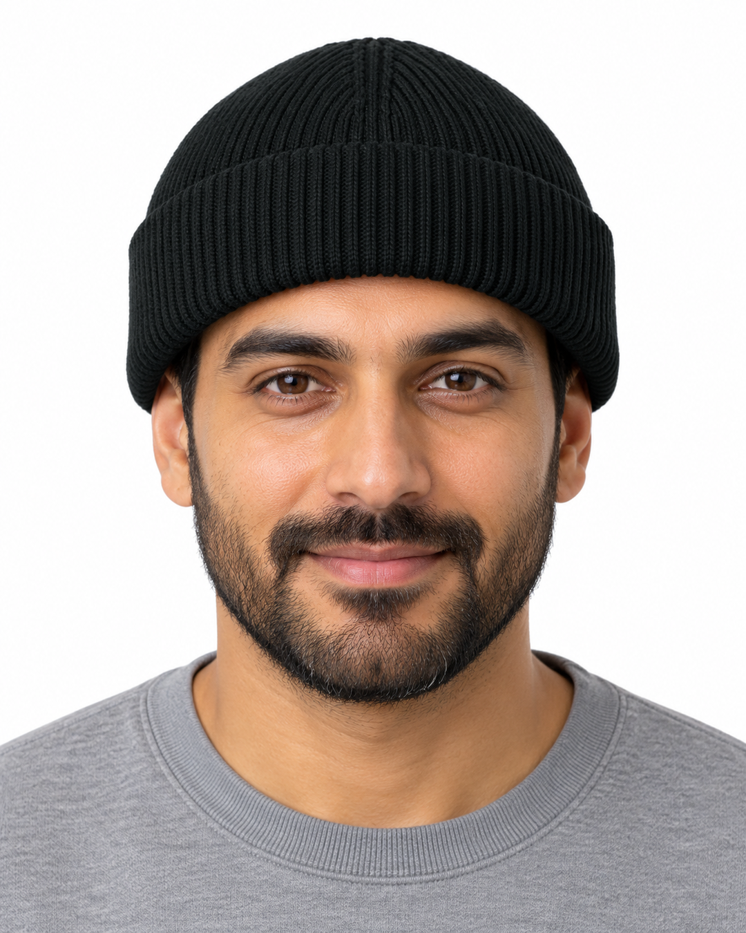 Sitztgut Unisex-Rippstrick-Beanie mit Umschlag – Schwarz – Vorderansicht