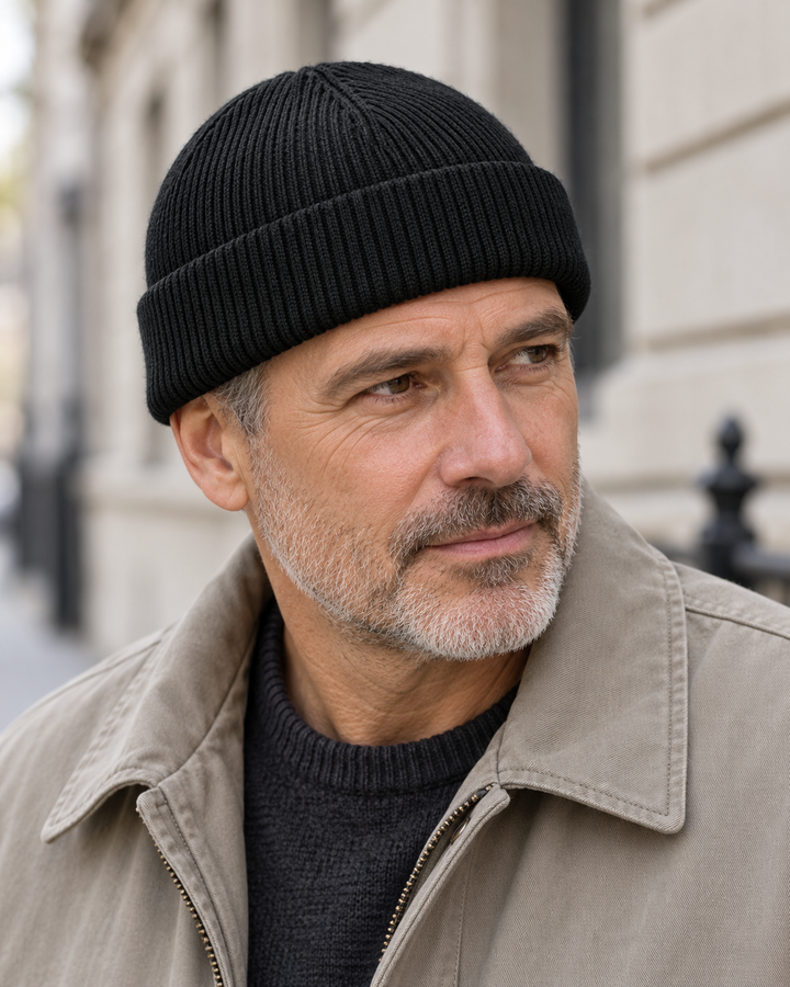 Sitztgut Unisex-Rippstrick-Beanie mit Umschlag – Schwarz – Alltagsansicht