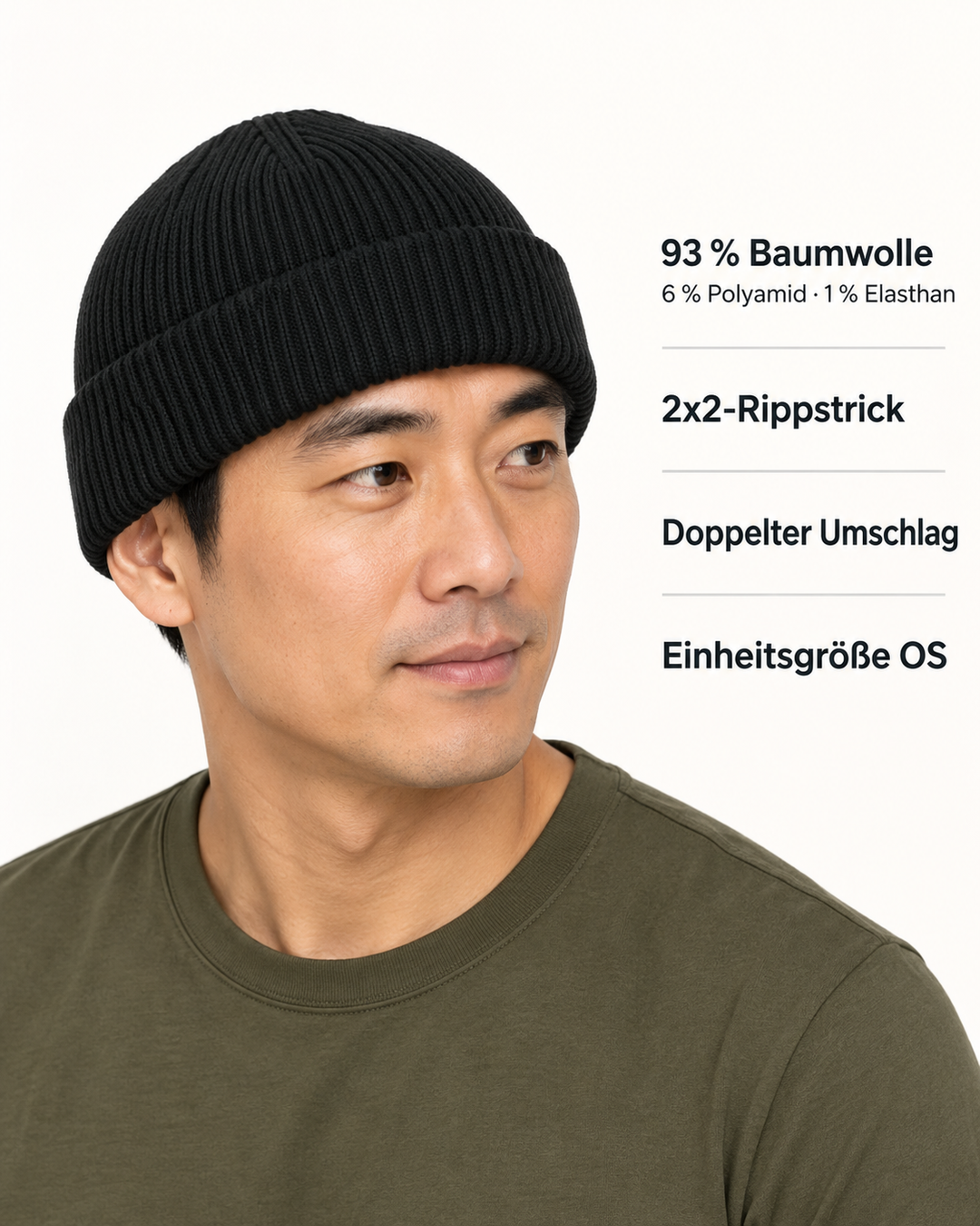 Sitztgut Unisex-Rippstrick-Beanie mit Umschlag – Schwarz – Produktdetails