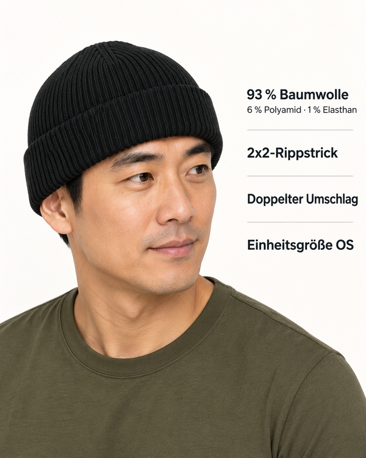 Sitztgut Unisex-Rippstrick-Beanie mit Umschlag – Schwarz – Produktdetails