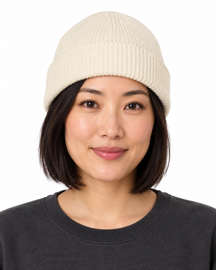 Sitztgut Unisex-Rippstrick-Beanie mit Umschlag – Natur – Vorderansicht