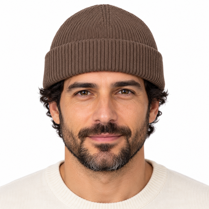 Sitztgut Unisex-Rippstrick-Beanie mit Umschlag – Mokka – Vorderansicht