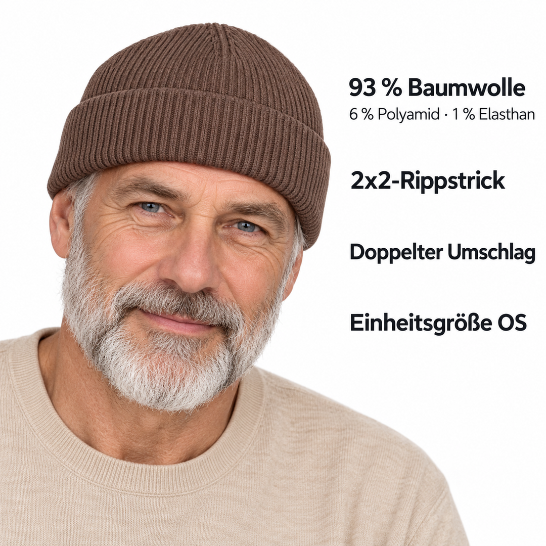 Sitztgut Unisex-Rippstrick-Beanie mit Umschlag – Mokka – Produktdetails