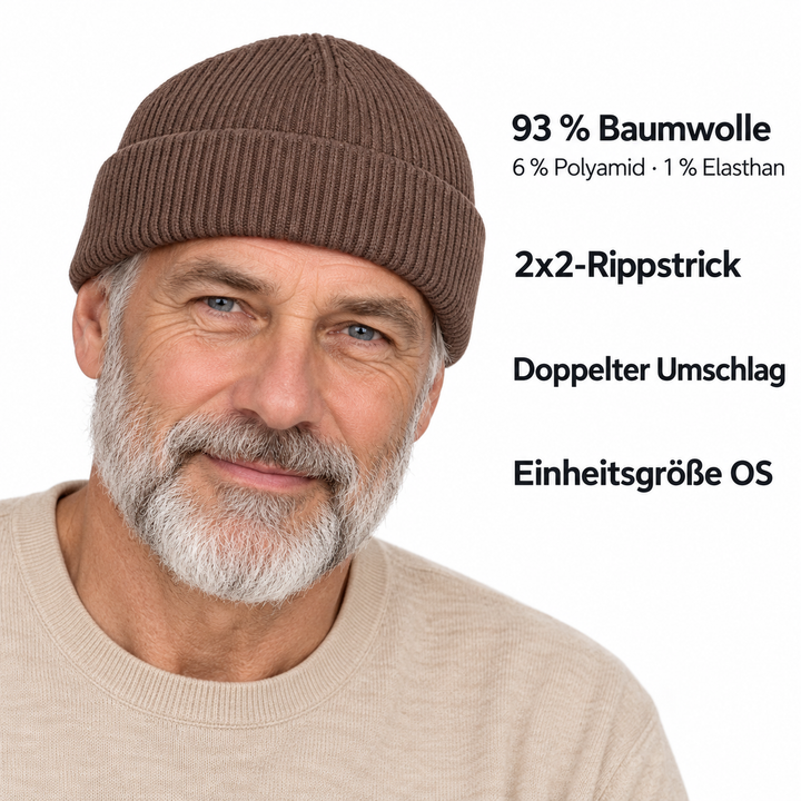 Sitztgut Unisex-Rippstrick-Beanie mit Umschlag – Mokka – Produktdetails