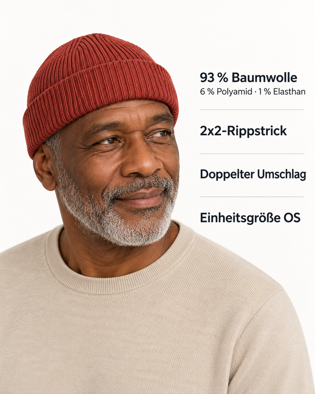 Sitztgut Unisex-Rippstrick-Beanie mit Umschlag – Erdrot – Produktdetails