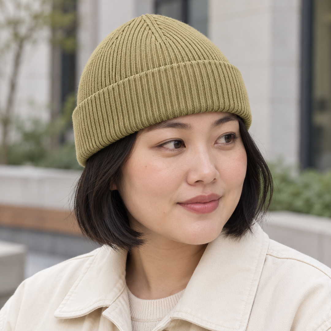 Sitztgut Unisex-Rippstrick-Beanie mit Umschlag – Oliv – Alltagsansicht