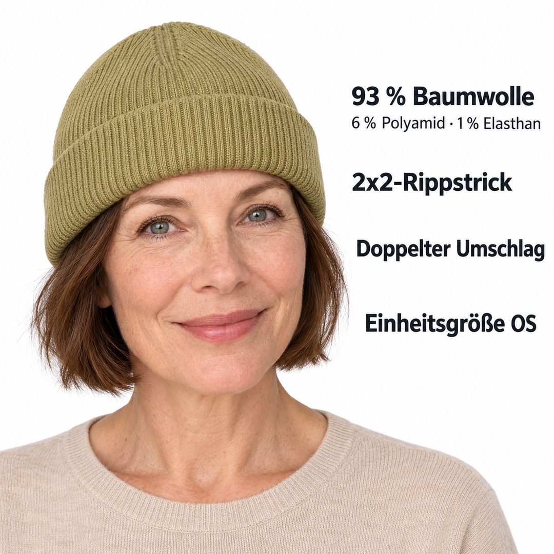 Sitztgut Unisex-Rippstrick-Beanie mit Umschlag – Oliv – Produktdetails