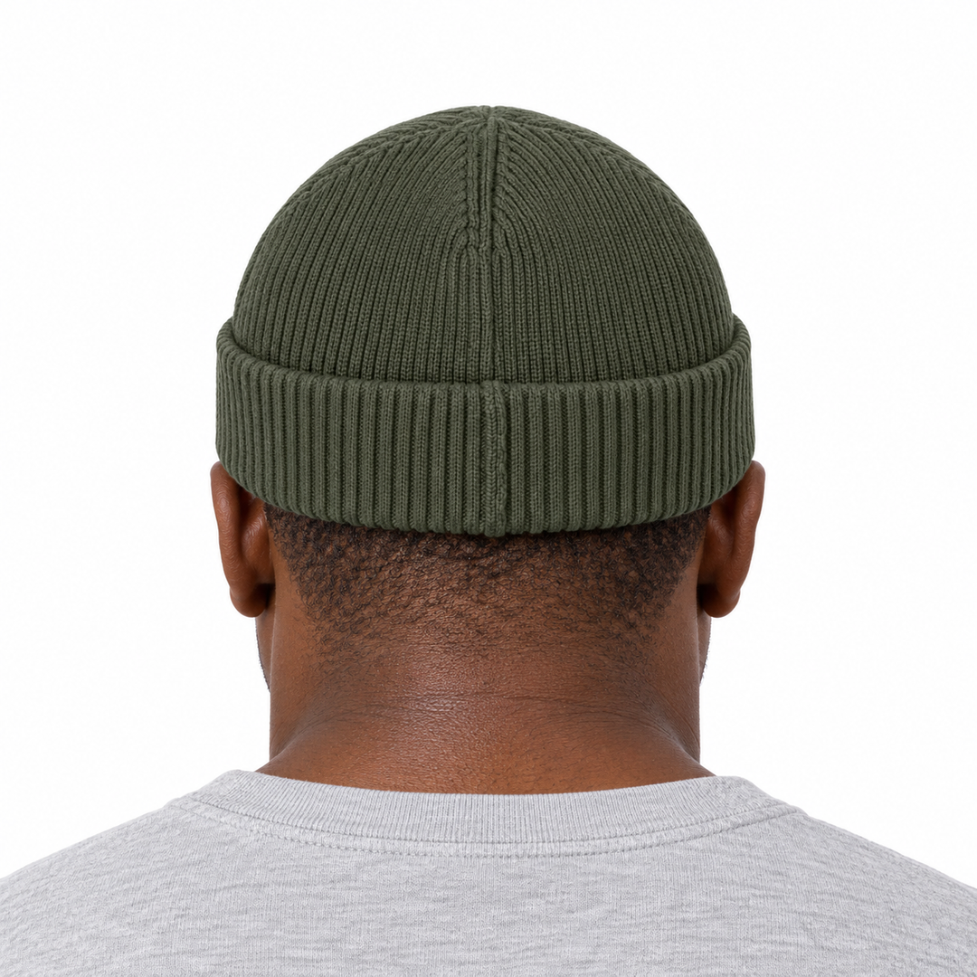 Sitztgut Unisex-Rippstrick-Beanie mit Umschlag – Khaki – Rückenansicht