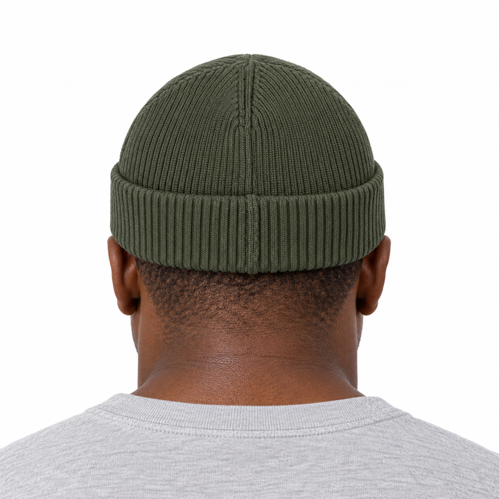 Sitztgut Unisex-Rippstrick-Beanie mit Umschlag – Khaki – Rückenansicht