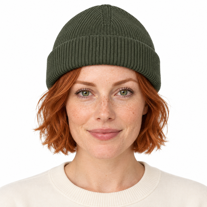 Sitztgut Unisex-Rippstrick-Beanie mit Umschlag – Khaki – Vorderansicht