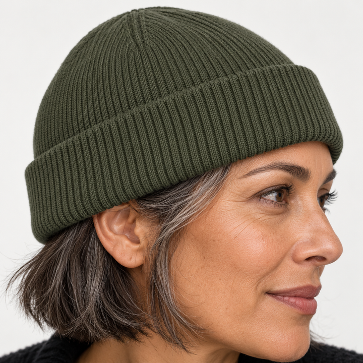 Sitztgut Unisex-Rippstrick-Beanie mit Umschlag – Khaki – Materialdetail