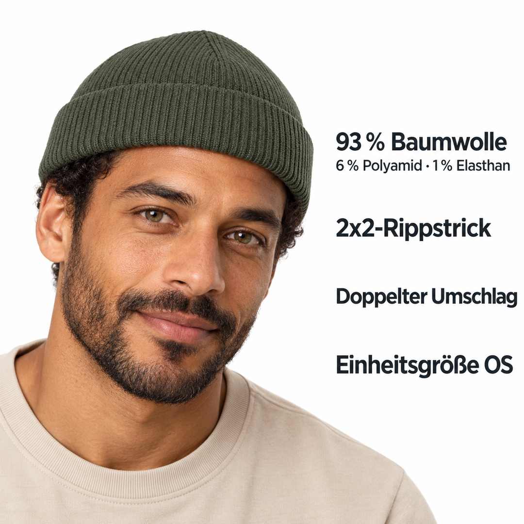 Sitztgut Unisex-Rippstrick-Beanie mit Umschlag – Khaki – Produktdetails