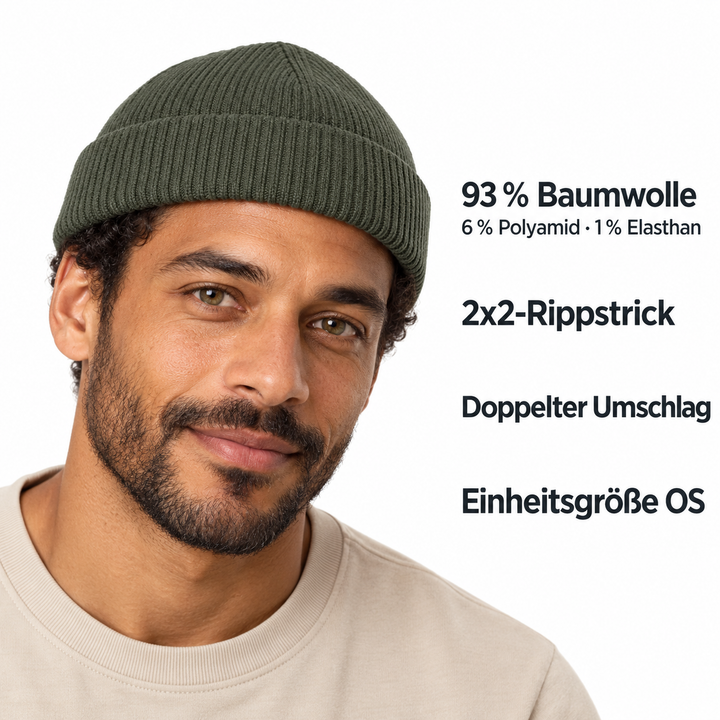 Sitztgut Unisex-Rippstrick-Beanie mit Umschlag – Khaki – Produktdetails