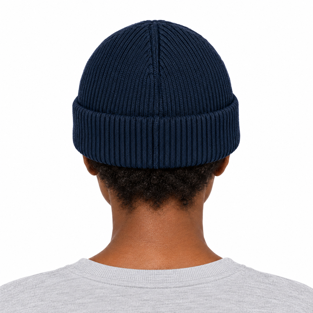 Sitztgut Unisex-Rippstrick-Beanie mit Umschlag – Marineblau – Rückenansicht