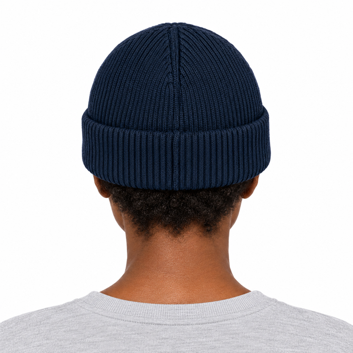 Sitztgut Unisex-Rippstrick-Beanie mit Umschlag – Marineblau – Rückenansicht