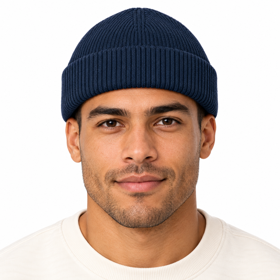 Sitztgut Unisex-Rippstrick-Beanie mit Umschlag – Marineblau – Vorderansicht
