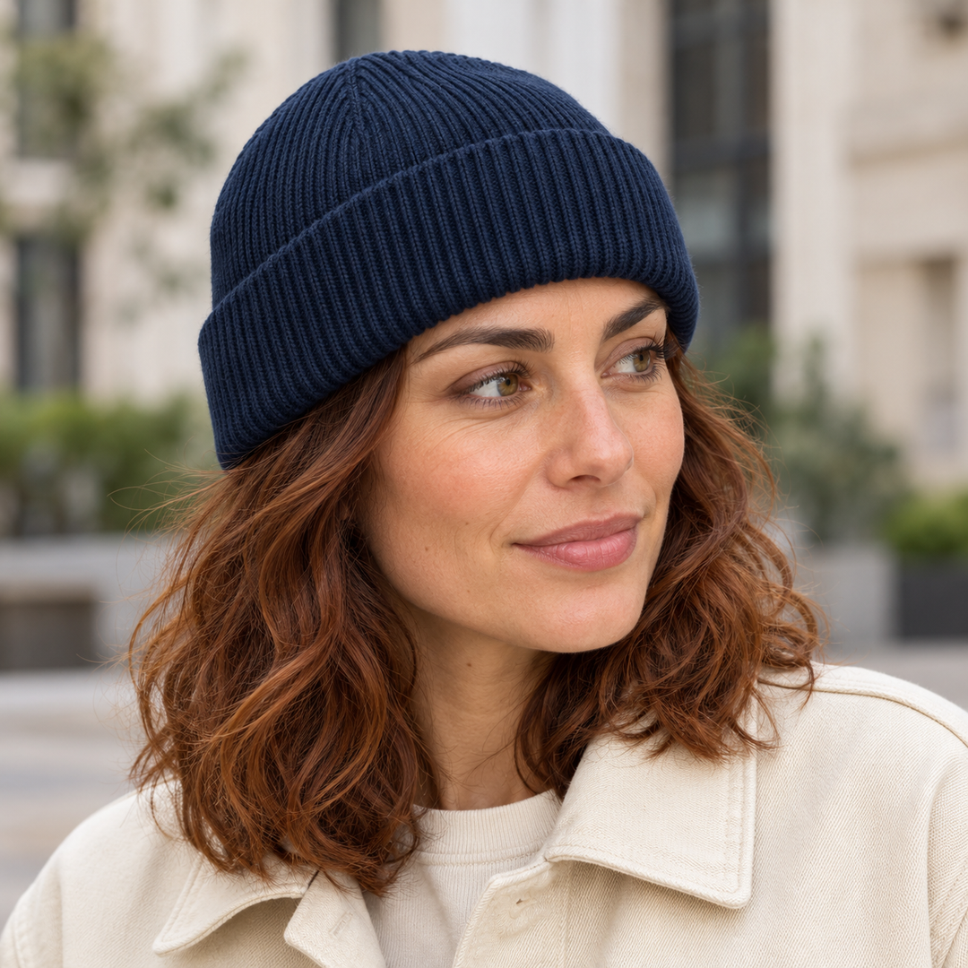 Sitztgut Unisex-Rippstrick-Beanie mit Umschlag – Marineblau – Alltagsansicht