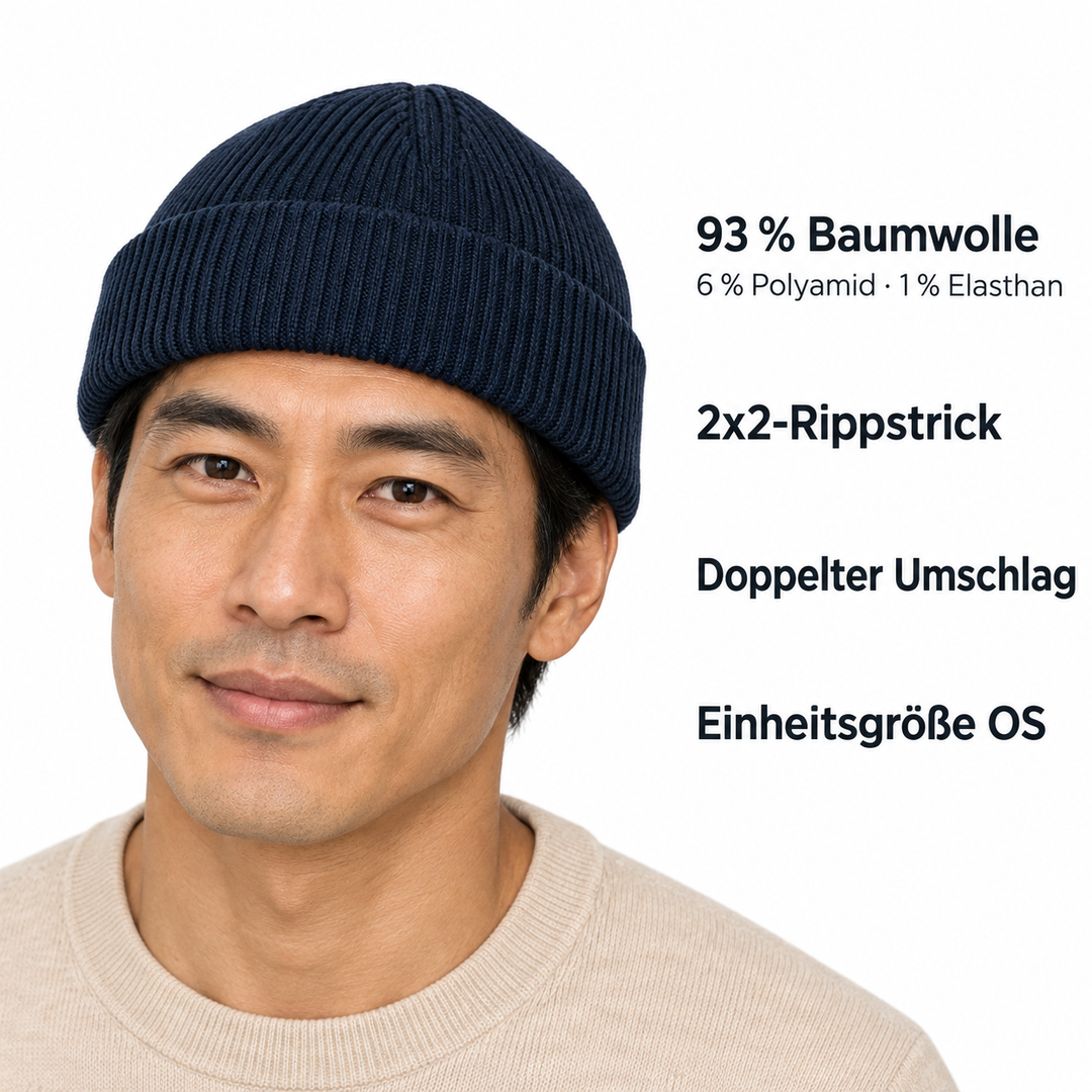Sitztgut Unisex-Rippstrick-Beanie mit Umschlag – Marineblau – Produktdetails