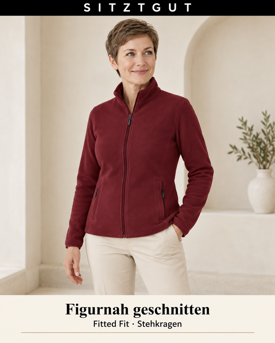 Sitztgut Fleecejacke Burgunderrot - Passform
