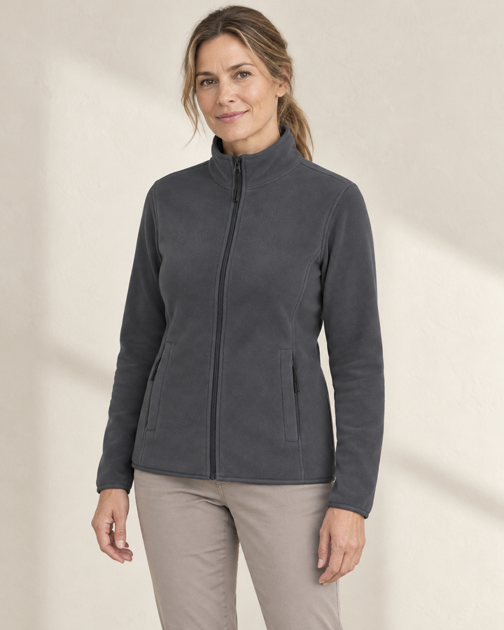 Sitztgut Fleecejacke für Damen, tailliert, mit Stehkragen in Anthrazit am Model