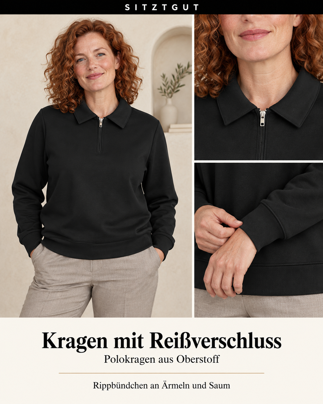 Sitztgut Polokragenpullover Schwarz - Details