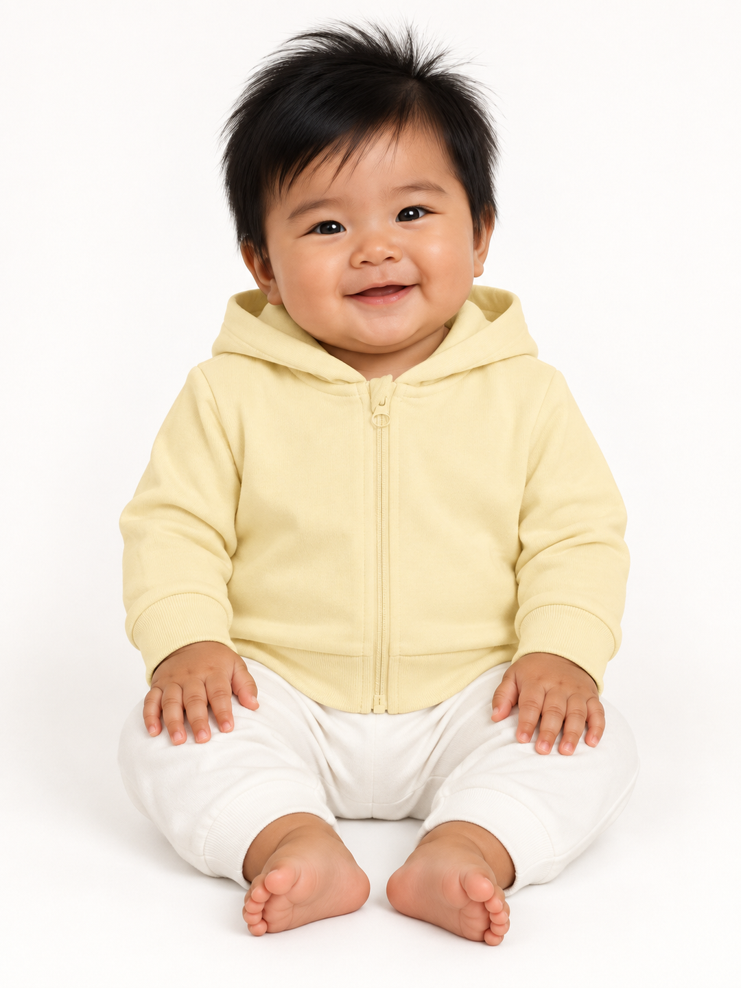 Baby Zip-Hoodie in Buttergelb – Modelansicht