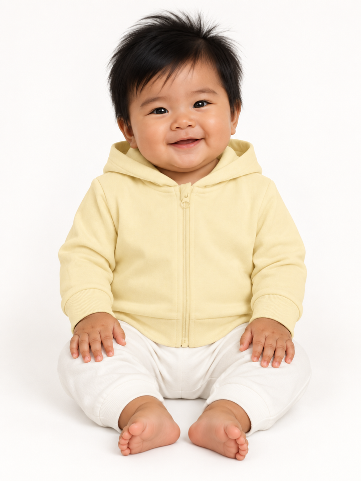 Baby Zip-Hoodie in Buttergelb – Modelansicht