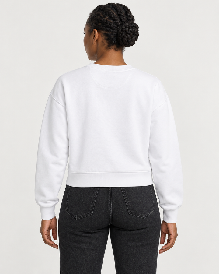 Sitztgut Damen-Sweatshirt aus Baumwolle, kurz geschnitten – Weiß – Rückenansicht