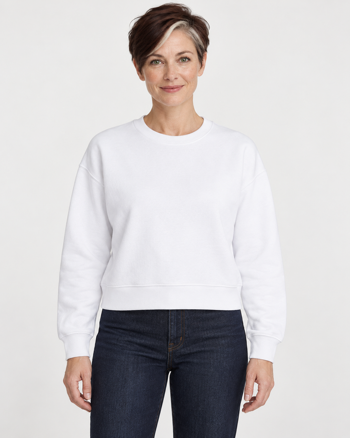 Sitztgut Damen-Sweatshirt aus Baumwolle, kurz geschnitten – Weiß – Vorderansicht