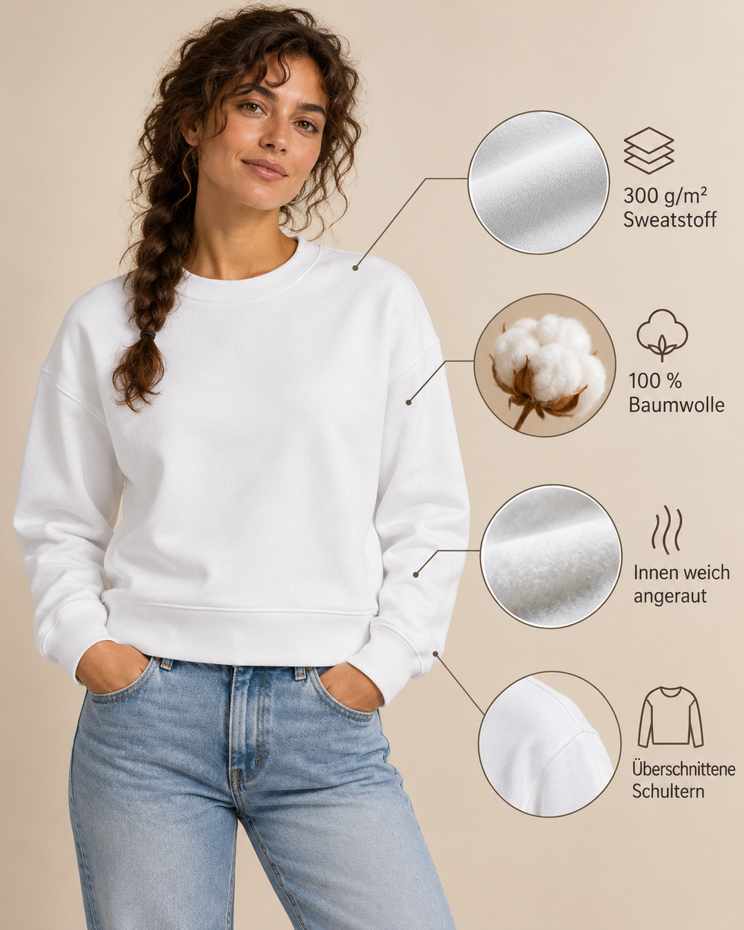 Sitztgut Damen-Sweatshirt aus Baumwolle, kurz geschnitten – Weiß – Produktdetails