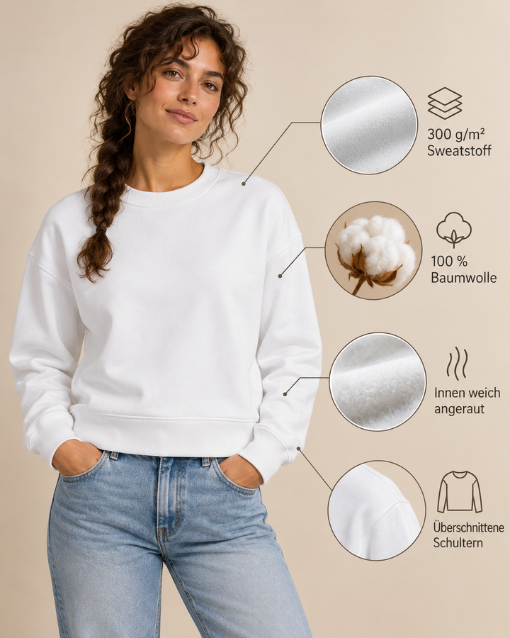 Sitztgut Damen-Sweatshirt aus Baumwolle, kurz geschnitten – Weiß – Produktdetails
