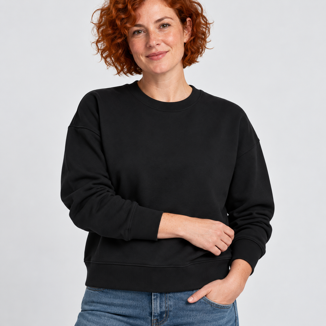 Sitztgut Damen-Sweatshirt aus Baumwolle, kurz geschnitten – Schwarz – Materialdetail