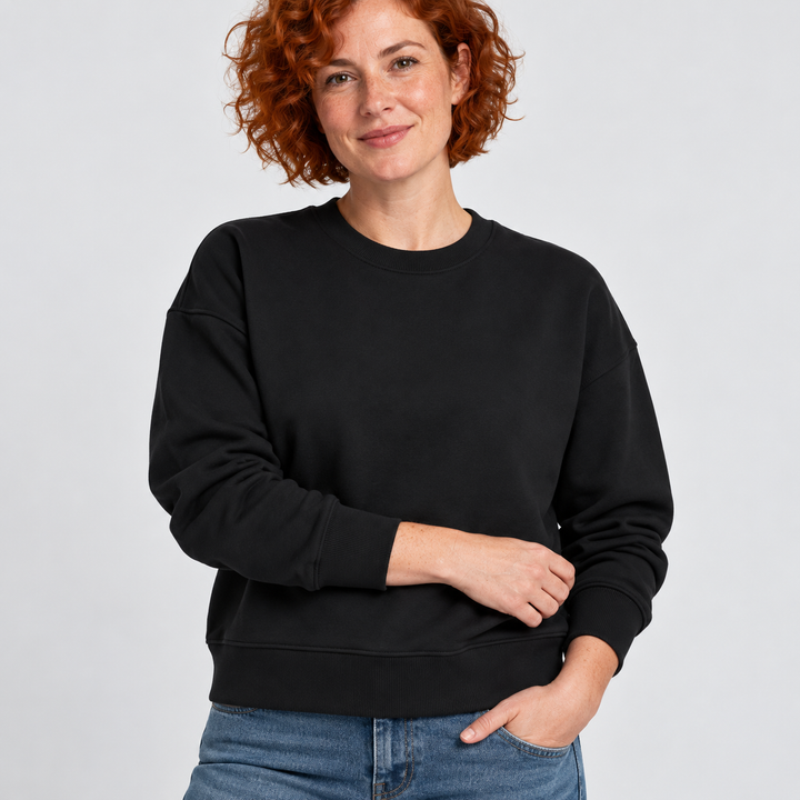 Sitztgut Damen-Sweatshirt aus Baumwolle, kurz geschnitten – Schwarz – Materialdetail