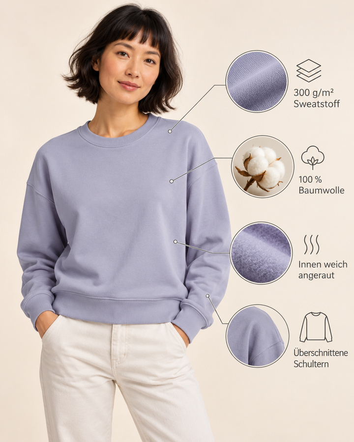 Sitztgut Damen-Sweatshirt aus Baumwolle, kurz geschnitten – Lavender – Produktdetails