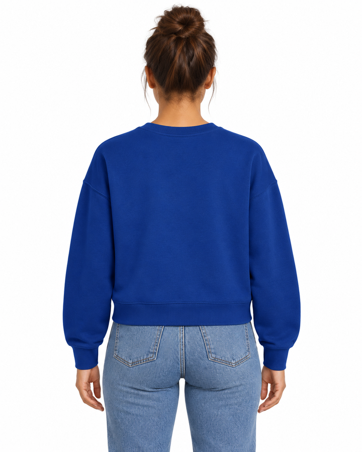 Sitztgut Damen-Sweatshirt aus Baumwolle, kurz geschnitten – Worker Blue – Rückenansicht