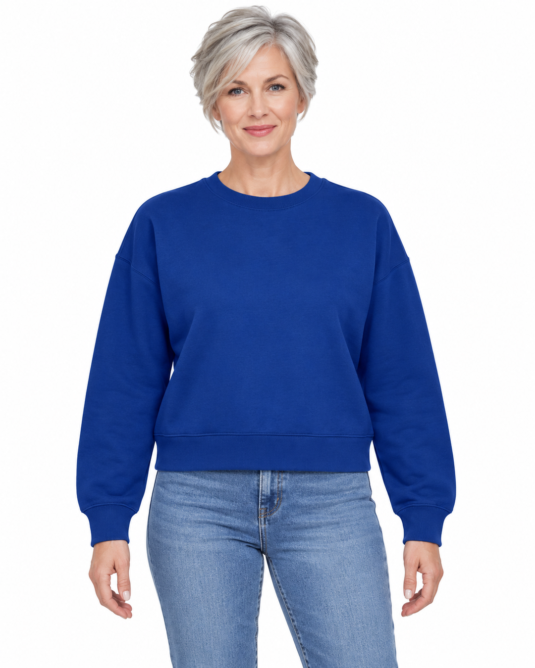 Sitztgut Damen-Sweatshirt aus Baumwolle, kurz geschnitten – Worker Blue – Vorderansicht