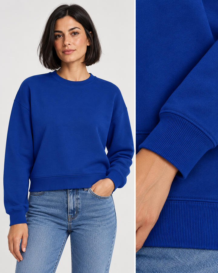 Sitztgut Damen-Sweatshirt aus Baumwolle, kurz geschnitten – Worker Blue – Materialdetail