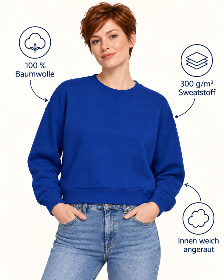 Sitztgut Damen-Sweatshirt aus Baumwolle, kurz geschnitten – Worker Blue – Produktdetails