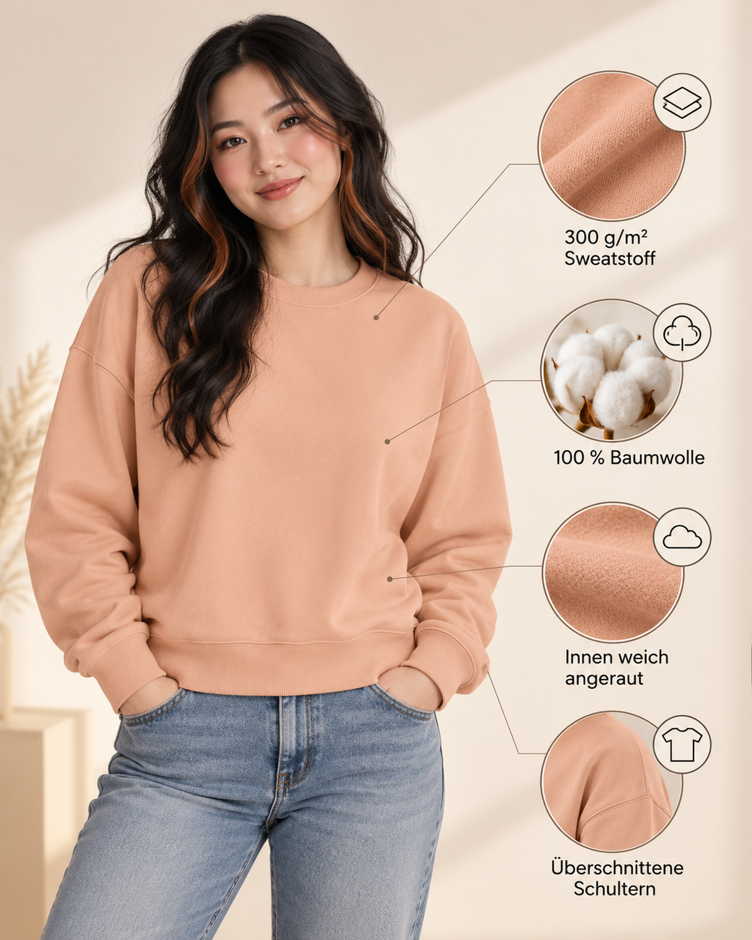 Sitztgut Damen-Sweatshirt aus Baumwolle, kurz geschnitten – Fraiche Peche – Produktdetails