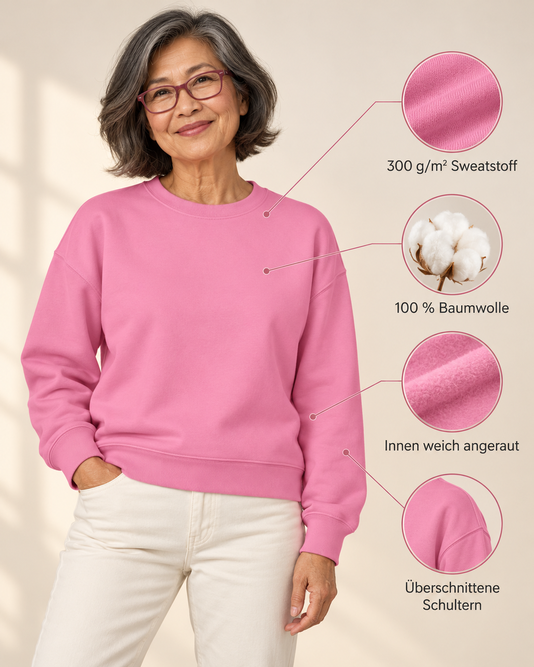 Sitztgut Damen-Sweatshirt aus Baumwolle, kurz geschnitten – Bubble Pink – Produktdetails