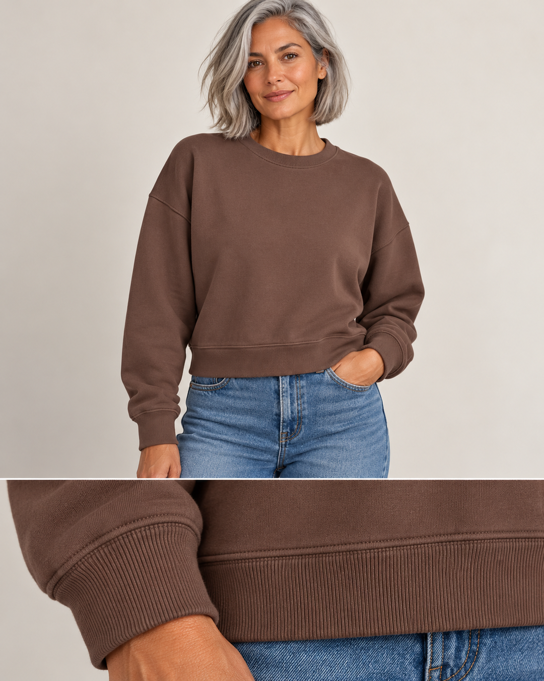 Sitztgut Damen-Sweatshirt aus Baumwolle, kurz geschnitten – Mocha – Materialdetail